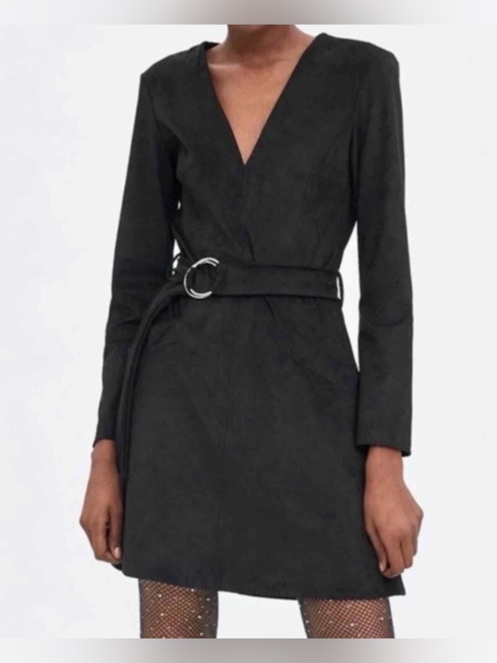 ZARA Trafaluc Black Faux Suede Belted Long Sleeve Dress